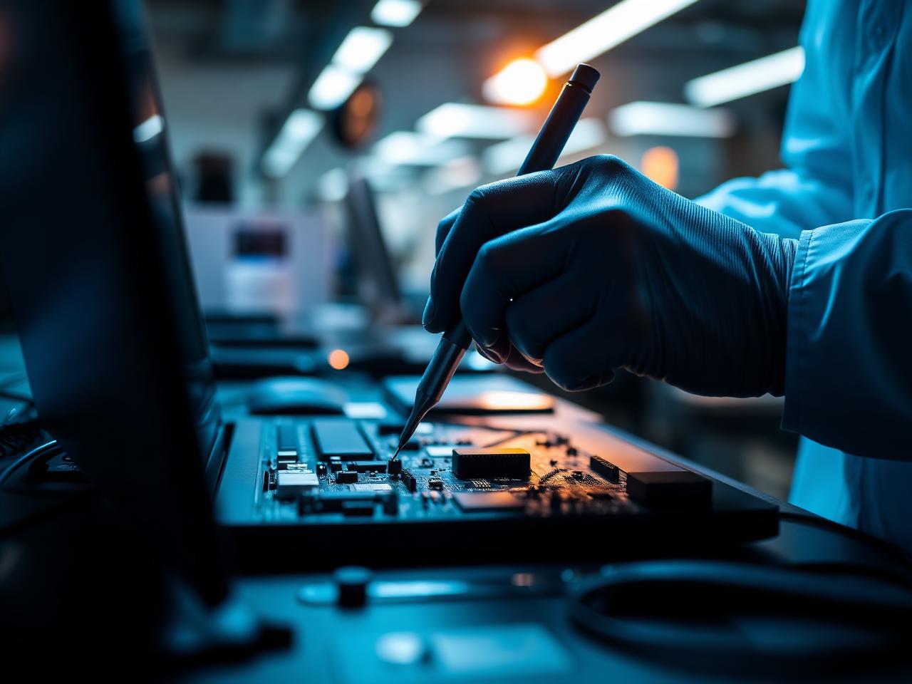 Técnico reparando la tarjeta madre de una laptop en el taller de PROCOTEL